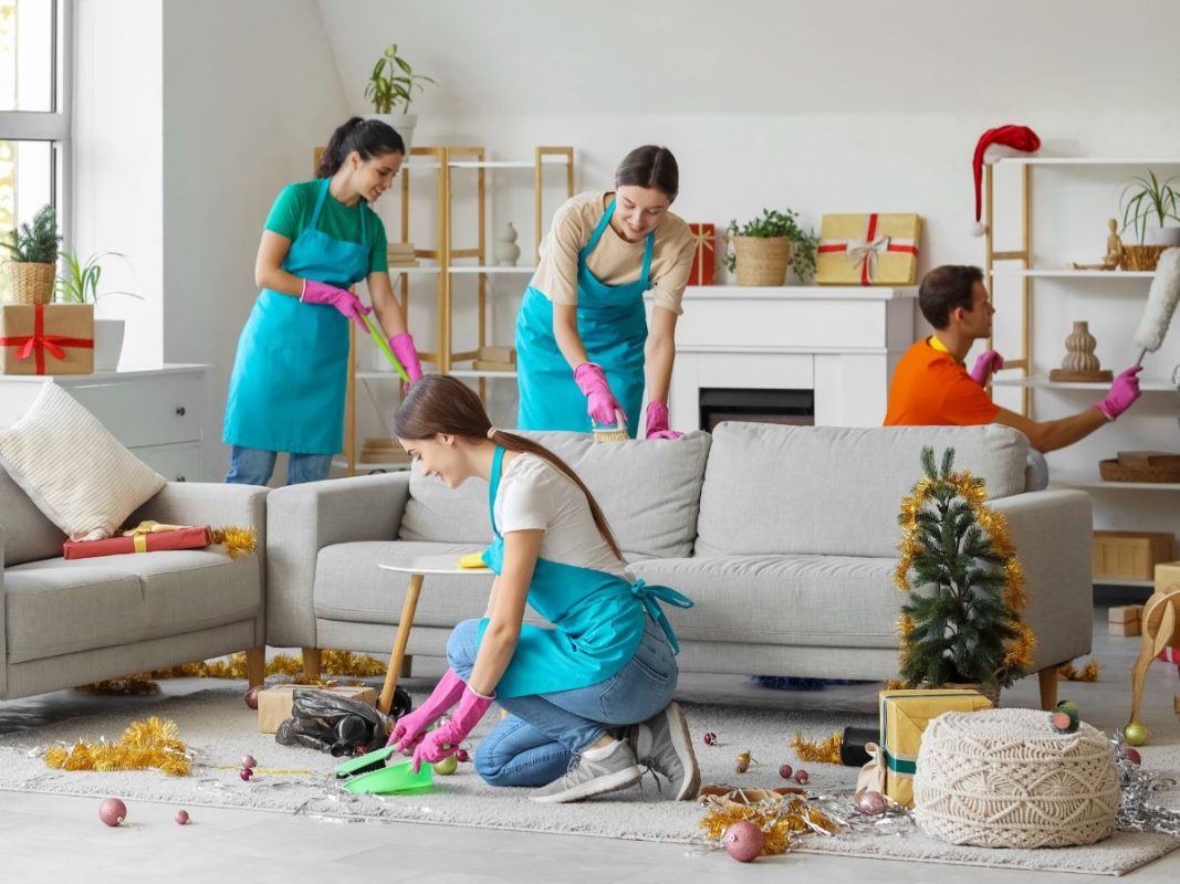 Janitors Cleaning House after New Year Party